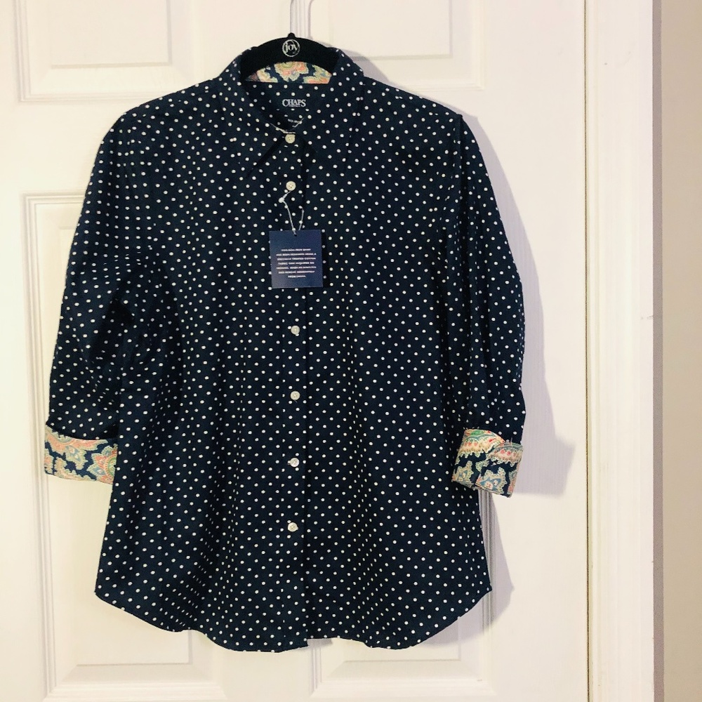 Chaps Navy Blue with White Polka Dots Button Up